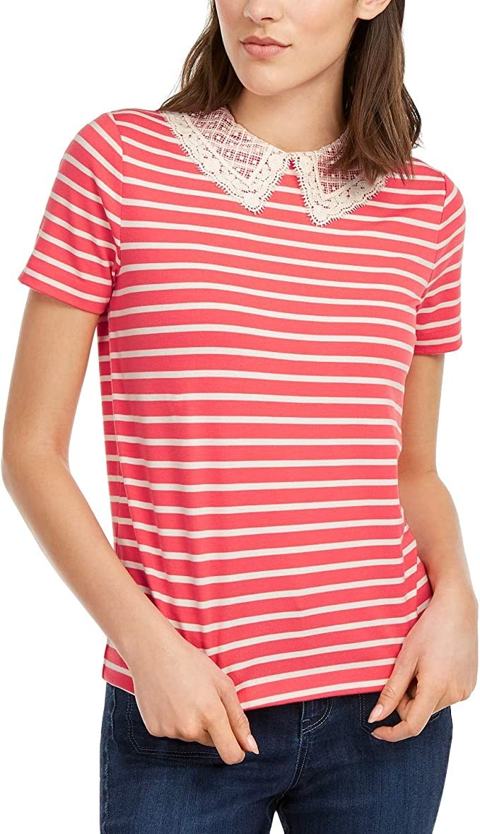 Maison Jules Striped Lace Collar Top Coral Tile Size M
